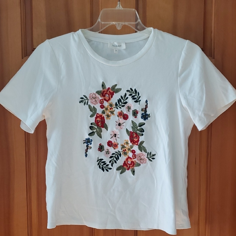 Böhme Womans White‎ Short Sleeve Embroidered Flowers Shirt Size Medium - Picture 3 of 8